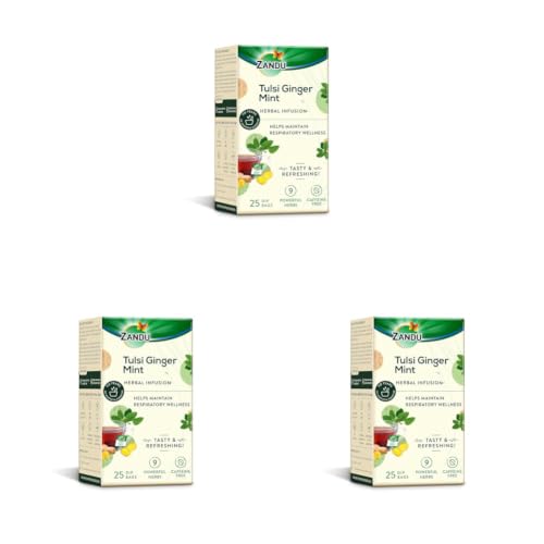Image of Zandu Tulsi Ginger Mint Herbal Infusion, a Herbal Tea Enriched with Ayurvedic Ingredients (25 Tea Bags) (Pack of 3)