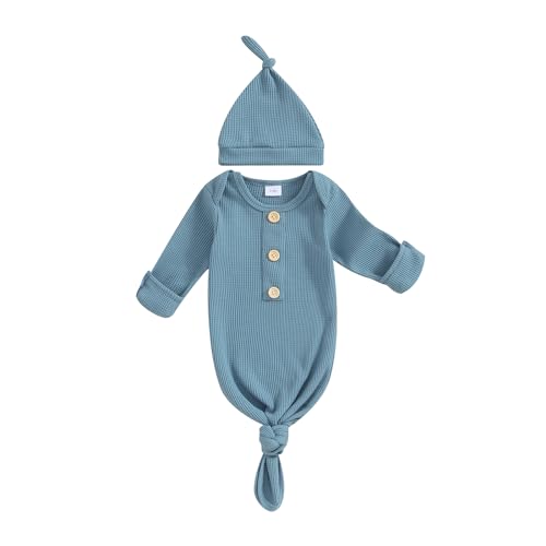 Image of KMBANGI Newborn Baby Boys Girls Knotted Gown Hat Set Long Sleeve Button Infant Sleeper Baby Sleep Gown with Mittens