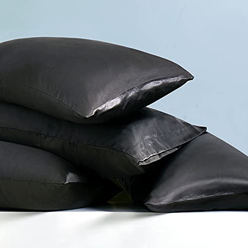 Image of Ersmak 7 Pieces Satin Sheets Set Queen Size, Luxury Silky Black Satin Bed Sheets Set with 1 Deep Pocket Fitted Sheet, 1 Soft Flat Sheet, 4 Queen Pillowcases and 1 Body Pillowcase