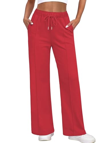 Warmrole Womens Red Pants Wide Leg Sweatpants Baggy High Waist Casual Travel Lightweight Fall Sweat Pants with Pockets Small