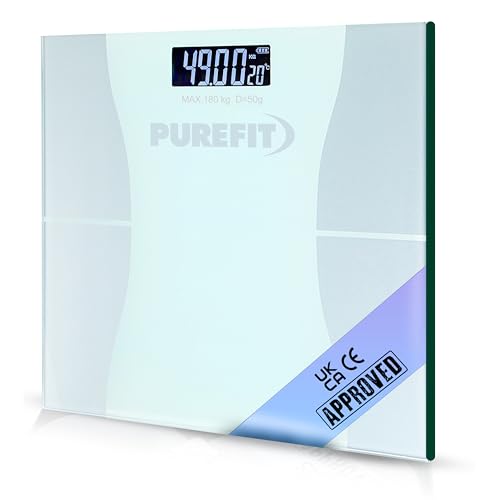 PUREFIT Digital Bathroom Scales for Body Weight - Ultra Slim Weighing Scales with High Precision Sensors, LED Display, Tempered Glass & Step-On | 2XAAA Batteries Included LB/KG/ST Max Weight 180KG