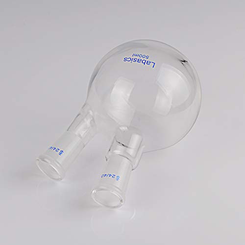 Labasics Glass 500ml 2 Neck Round Bottom Flask RBF, with 24/40 Center and Side Standard Taper Outer Joint, 500ml