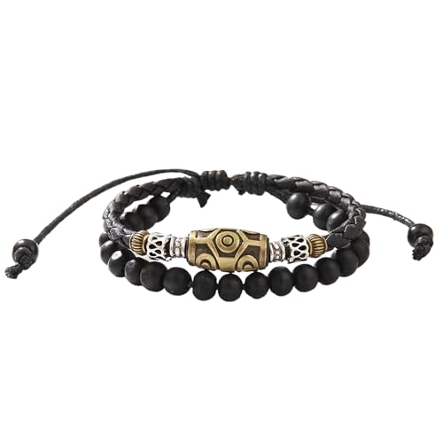DecorDwell Pulsera Cuero Hombre, Pulsera Trenzada Hecha a Mano Clásica, Brazalete de Doble Capa, Grabado Joyas, Regalo para Hombre, para un Regalo (Negro)