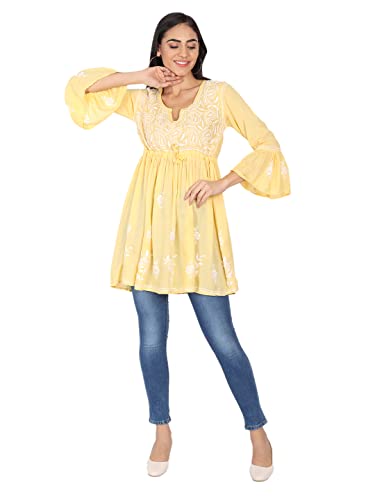 Image of indiankala4u Lucknow Chikankari Hand Embroidered Fit and Flared Top, Short Kurti for Women, Modal Cotton