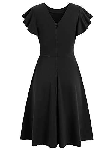 MSLG Women's Fit and Flare Ruffle Short Sleeves Dresses Work V-Back Cocktail Semi Formal A Line Dress with Pockets 8424