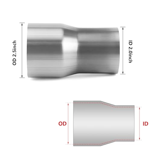 Image of Exhaust Adapter Connector 2 inch ID to 2.5 inch OD, A-KARCK Exhaust Pipe Reducer 4 inch Overall Length 304 Stainless Steel