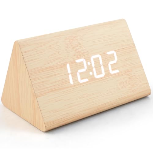 Réveil numérique LED - Triangle - Commande vocale - Horloge électrique en bois - Réveil portable - Batterie et alimentation USB - 2 formats d'heure - Température de la date (bambou)