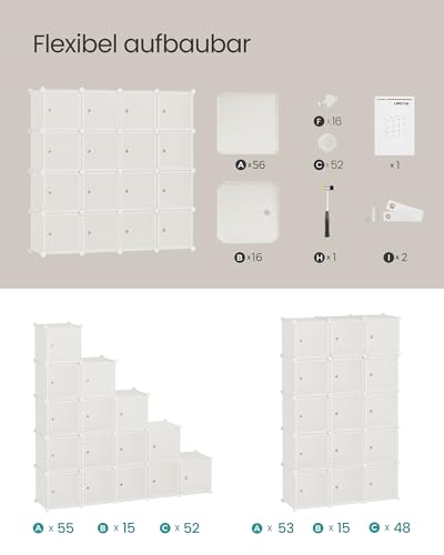 SONGMICS Regalsystem, Schuhregal, Set aus 16 Würfeln, Kleiderschrank aus Kunststoff, mit Türen, Steckregal, Aufbewahrung von Kleidung, Schuhen und Büchern, einfache Montage, cremeweiß LPC443W01
