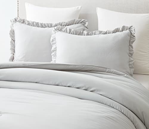 Chezmoi Collection Nora 3-Piece Ruffled Edge Trim Soft Washed Microfiber Comforter Set (Queen, Light Gray) #TOP2