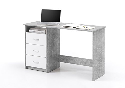 Avanti Trendstore - Adria - Escritorio con 3 cajones Blancos y 1 Compartimento Abierto, en Madera Laminada, Cemento Optico/Blanco. Dimensiones LHP 120x77x50 cm