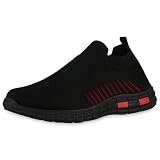 VAN HILL Herren Sportschuhe Slip Ons Sportliche Stoff Schuhe Flache Profilsohle Turnschuhe Strick Schlupfschuhe 205448 Schwarz 42