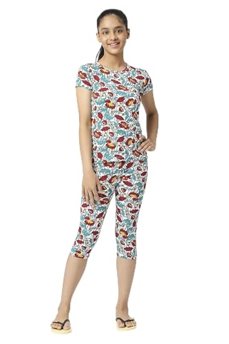 Image of SINI MINI Round Neck with Half Sleeve Top & Capri Beige Girls Casual Pack of 1 Night Suit Set