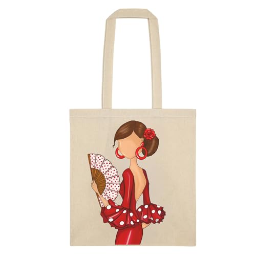 IllustrArte Bolsa Tote Cádiz Diseño Flamenca “Pepa” | Algodón 135 g/m² (38 x 42 cm) | Asas Largas de 60 cm | Impresión en un Lado | Bolsa Reutilizable y Ligera (Soporta hasta 5 kg)
