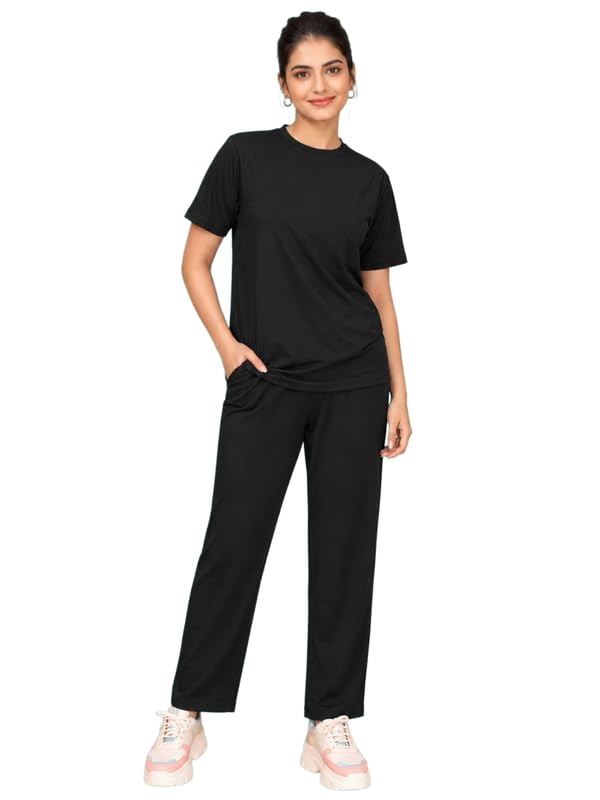 Women’s Solid Co-Ord Set | Half Sleeve Round Neck T-Shirt & Straight Trouser-image-26