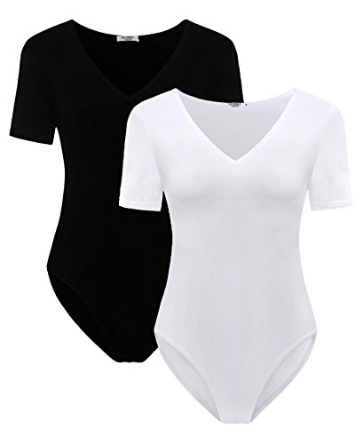 SUNRO 2 Pack Women's Sexy V Neck Bodysuits Jumpsuits (Black & White, Medium)