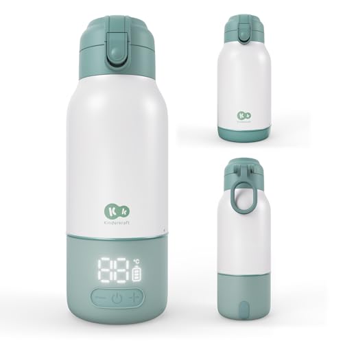Kinderkraft GAJA, calentador de leche portátil y termo 2 en 1, 500 ml, para bebé y viaje, USB-C, 5 temperaturas, calentamiento rápido en 120 s, hasta 20 h, Verte