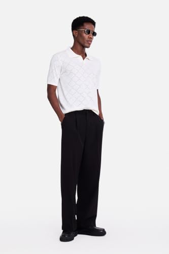 Image of SNITCH Men Knitted Polo T-Shirt | Geometric Pointelle Textured Knit & V-Placket Polo Collar | 100% Cotton Breathable Summer Knit, Casual Resort Wear