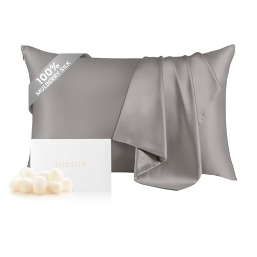 THXSILK Silk Pillowcase for Hair and Skin, 100% Mulberry Silk Bed Pillowcase with Hidden Zipper, Grade 6A+ Silk Soft Breathable Smooth, King Pillow Case (Grey)