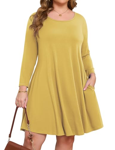 JollieLovin Women 3/4 Sleeve Plus Size Casual Fall Dresses 2024 Crew Neck T Shirt Long Tunic Dress Yellow