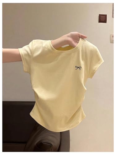 Verdusa Girl's Bowknot Basic T Shirts Short Sleeve Ruched Summer Y2k Going Out Tops3