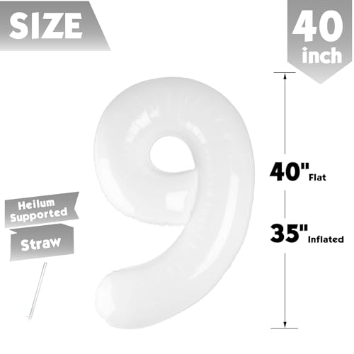 Image of 40 Inch White Number 9 Balloon Birthday Party Decorations for Men & Women | 40 Inch White inflatable foil number balloons, large birthday decorations for 9th birthday