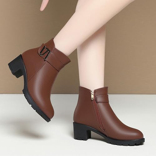 Women's Winter Ankle Boots Waterproof Warm Round Toe Chunky Heel Side Zipper Fur Lined Soft Sole Work Snow Boots4