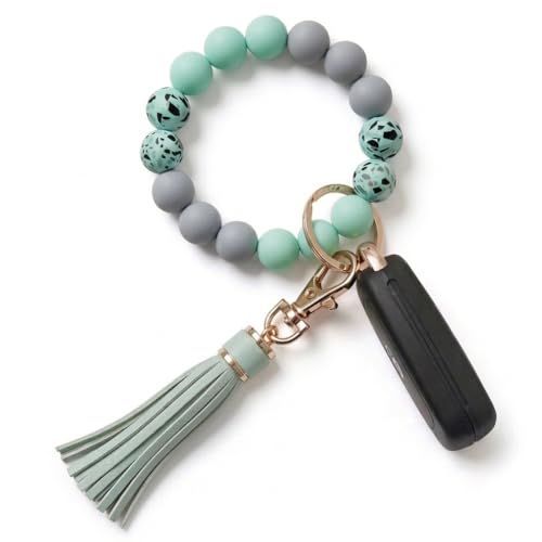 BIHRTC Keychain Bracelet Wrist Silicon Wristlet Key Ring Cars Beaded Bangle with Leather Tassel for Women Girls