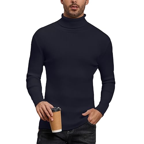 Jersey Hombre Cuello Alto Suéter Jersey de Punto Pullover Camiseta Tops Invierno Otoño Básico Manga Larga Suter Cálido Suéter Comfort Azul Marino XXL