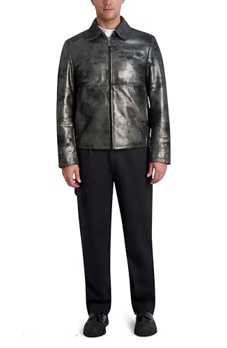 Image of Karl Lagerfeld Men's Shirt Collar Silver Leather Jacket