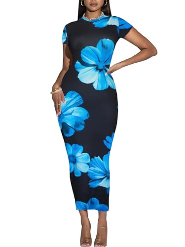 Image of Women's Long Bodycon Dresses Leopard Print Casual Maxi Club Party Tight Dress Short Sleeve
