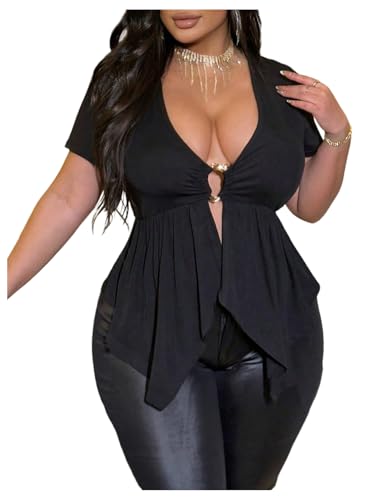 SOLY HUX Women's Plus Size Peplum Top Deep V Neck Short...