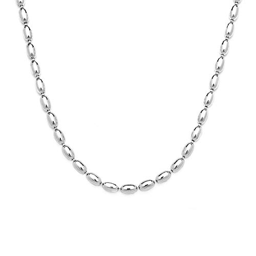 925 Sterling Silver Italian Oval Bead Necklace, 3MM, 4MM Sterling Silver Bead Ball Necklace, Rice Bead Chain Necklace, Beaded Necklace Jewelry, Men and Women, 6-36 Inch