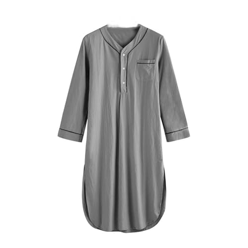 Mens Nightshirt - Cotton Long Sleeve Lounge and Sleep Henley Shirt Pajama - Mens Nightgown, Big Sleeping Top, XL Grey