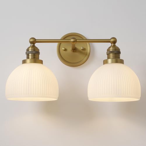 Teqinchy 2-Light Gold Wall Sconces,Vintage Bathroom Wall Sconce Light with Milk Glass Double Arm...