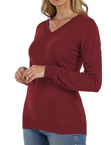 Image of Buauty Womens 2024 Fashion V Neck Long Sleeve Knitted Ribbed Pullover Sweaters Casual Lightweight Loose Fit Jumper Tops Jujube Red