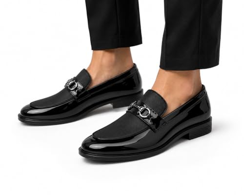 Image of Men's Formal Dual-Texture Loafer, Slip-On Dress Shoe, Patent and Matte Finish, Metallic Bit Detail, for Black-Tie Events and Festive Occasions