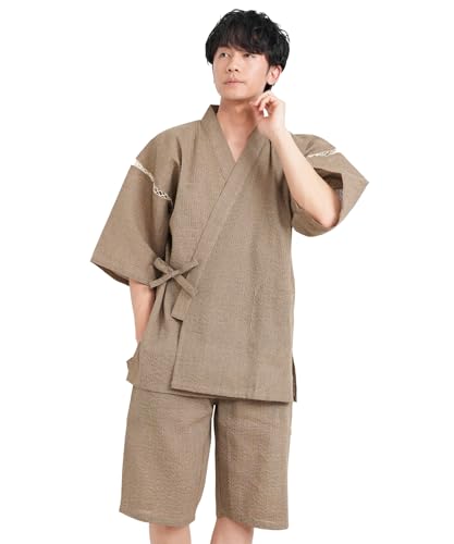 [ON NISHIKI] 甚平 しじら織り 上下セット メンズ 綿100％ 涼しい ルームウェア 部屋着 紳士 和服 [16:灰茶/M/0809]