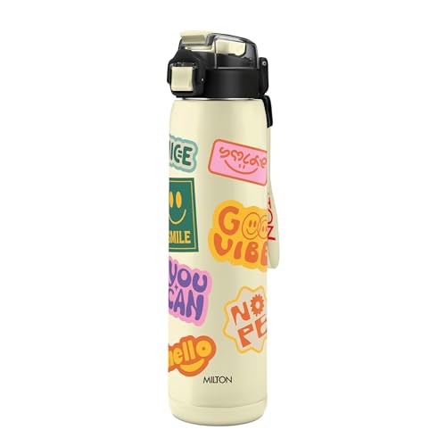 Image of Milton Steel Edge 900 Thermoware Water Bottle 600 ml with One Touch Safety Lock & Twin Lid Sip or Gulp,Long Hours Hot & Cold,Leak Proof,ISI Certified,Vacuum Insulated,for Office,Gym,School, Ivory