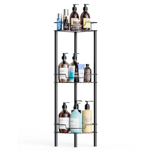 Image of Detukna Corner Shower Caddy, 3 Tier Shower Organizer Shelf for Inside Shower, Stainless Steel Floor Corner Shower Bathroom Shelves Stand Rack for Bathroom Balcony Kitchen, No Drilling, Black