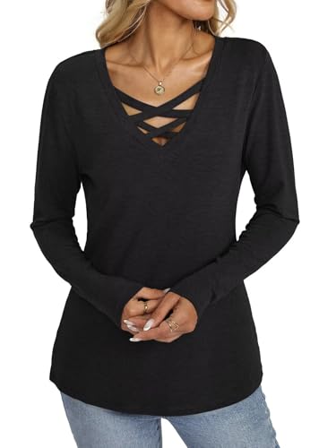 Womens V Neck Long Sleeve Shirts Criss Cross Sexy Tops Casual Loose Fit Tee Going Out Fall Fashion Clothes 2025