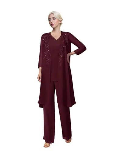 3 Pieces Sequin Mother of The Bride Pant Suits with Jacket Chiffon Formal Evening Gowns for Women Wedding Guest Outfit Set