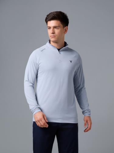 Image of TECHNOSPORT Men's Solid Quarter Zip Gym Slim Fit Active Sports T-Shirt with COTFLEX Full Sleeve Cotton Feel Polyester 4-Way Stretch Memory Fabric Lightweight Workout Running Training