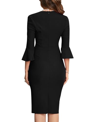 MUXXN Women's 50s Vintage 3/4 Sleeve Ruffled Sleeve V Neck Midi Business Formal Work Bodycon Pencil Dresses2