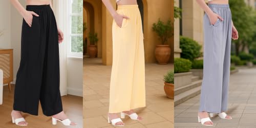 Image of Buy That Trendz Palazzo Pants for Women Rayon Elasticated Regular Fit Flared Wide Leg M to 6XL Pack of 3
