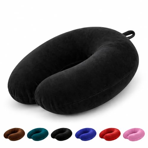 Image of PAVILONN U-Shape Memory Foam Neck Pillow for Travel | Soft Flight Cushion for Airplane, Car & Train | Lightweight Portable Travel Essential for Men, Women & Kids (Black)