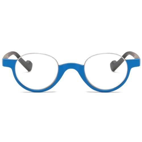 ABETOS Retro Half Frame Reading Glasses Half Moon Semi Rimless Readers Vintage Round Oval Eyeglasses Men Women, Blue 1.5