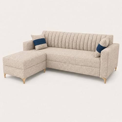 Image of FURNY Signature Regalia 4-Seater L-Shape Sofa Set with Movable Ottoman | Flexible LHS /RHS Layout | Boucle Weave Fabric | 40D Foam + Zigzag Spring | 3-Yr Warranty (Sandstone Beige)