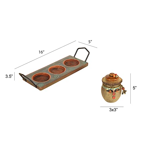 Image of AAKRITI ART CREATIONS Happy Tribals Storage Jars and Handcrafted Tray| Multicolor Abstract Art Terracotta Jars with Wooden Tray | Matte Finish Kitchen Storage Set | Jars for Dining Table & Home Decor