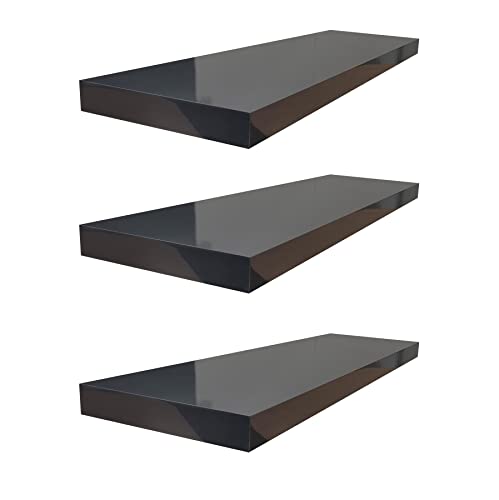Roseley Set of 3 High Gloss Floating Shelves 40cm No Visible Brackets Wall Mounted Display Bedroom Living Room Kitchen Decor [Black]