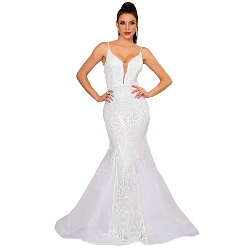 Image of Spaghetti Sequin Formal Dress Tulle Mermaid Floor Length Evening Night Party Gown